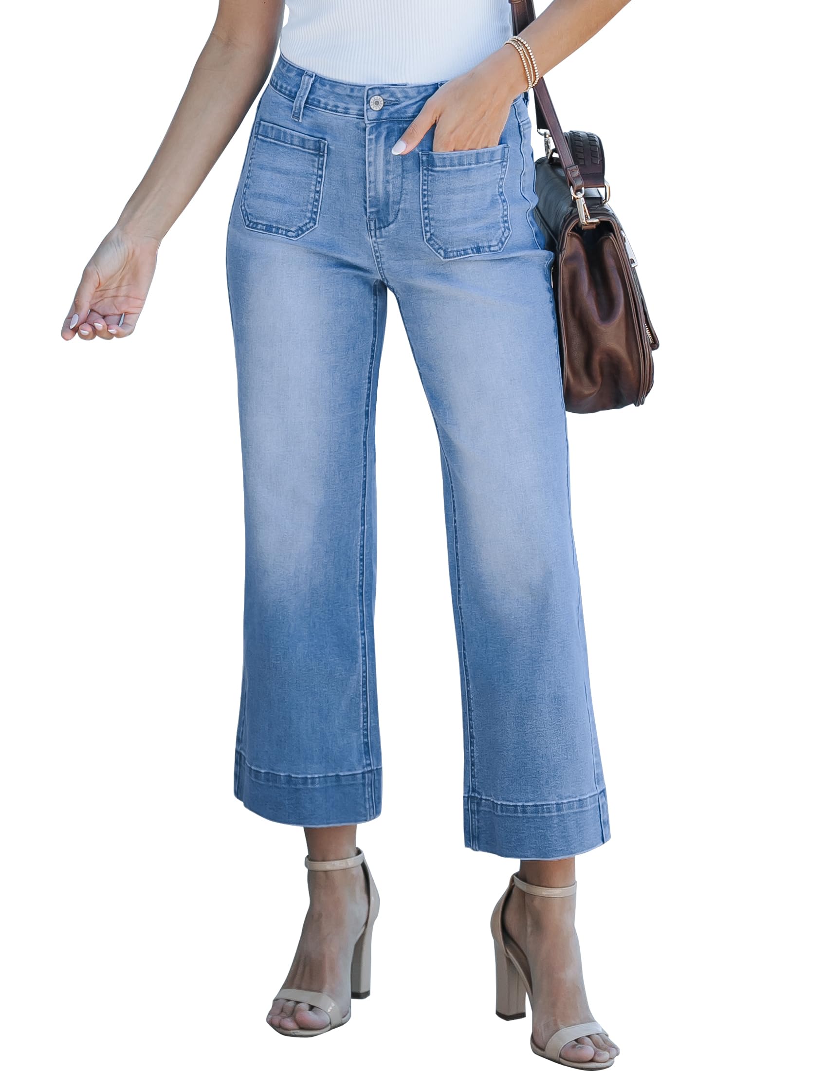 Photo 1 of luvamia Wide Leg Jeans for Women Trendy High Waisted Flare Jeans Cropped Denim Pants Stretchy Baggy with Patch Pockets High Rise Wide Leg Jeans for Women's Stretch Jeans Medium Blue Size 4 Size 6