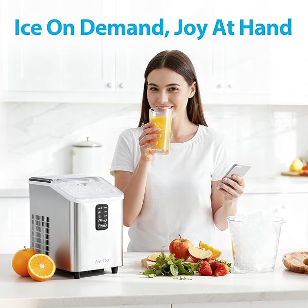 AEITTO COUNTERTOP ICE MAKER MACHINE, 26LBS ICE IN 24H, 8 BULLET ICE CUBES IN 6 MINS, SELF-CLEANING PORTABLE ICE MAKER WITH 2 ICE SIZES, BASKET & SCOOP FOR HOME, KITCHEN, OFFICE, STAINLESS STEEL