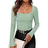 ZESICA Women's Long Sleeve Shirts 2026 Spring Fashion Square Neck Slim Fit Basic Going Out Tops Trendy Outfits