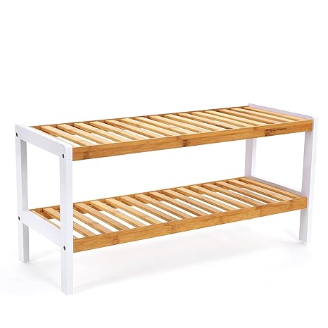 SONGMICS Bambus Schuhregal 2 Ebenen Badregal schuhschrank Bambus Schuhständer für 8 Paar Schuhe weiß-naturfarben 70 x 33 x 26