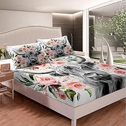 Erosebridal Highland Cow Flower Fitted Sheet Twin