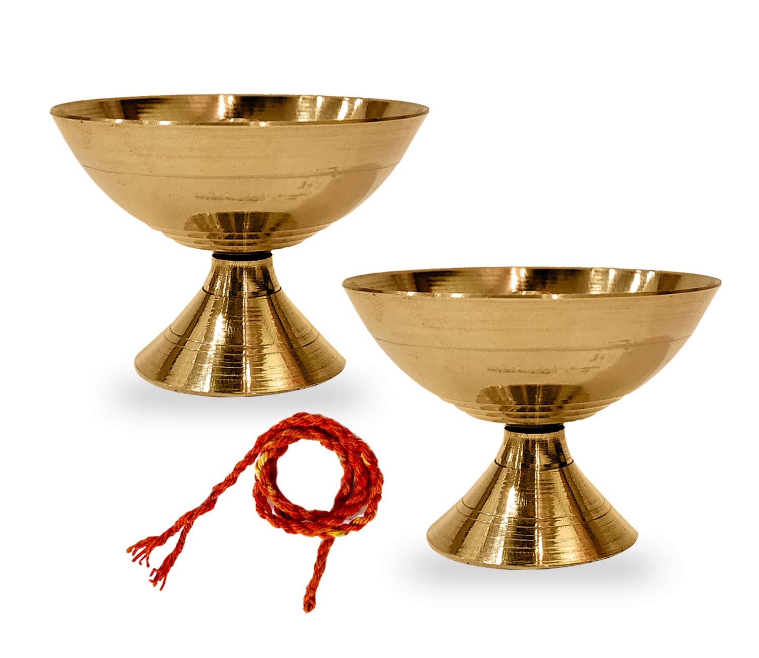 SATVIK 2Pc Pure Virgin Brass Diwali Puja Diya Pooja Oil Lamp Dia Deepawali Diya Oil Lamp Candle Tea Light Holder Diwali Decoration with Akhand Jyot Red Wicks Indian Housewarming Return Gift Items Bulk