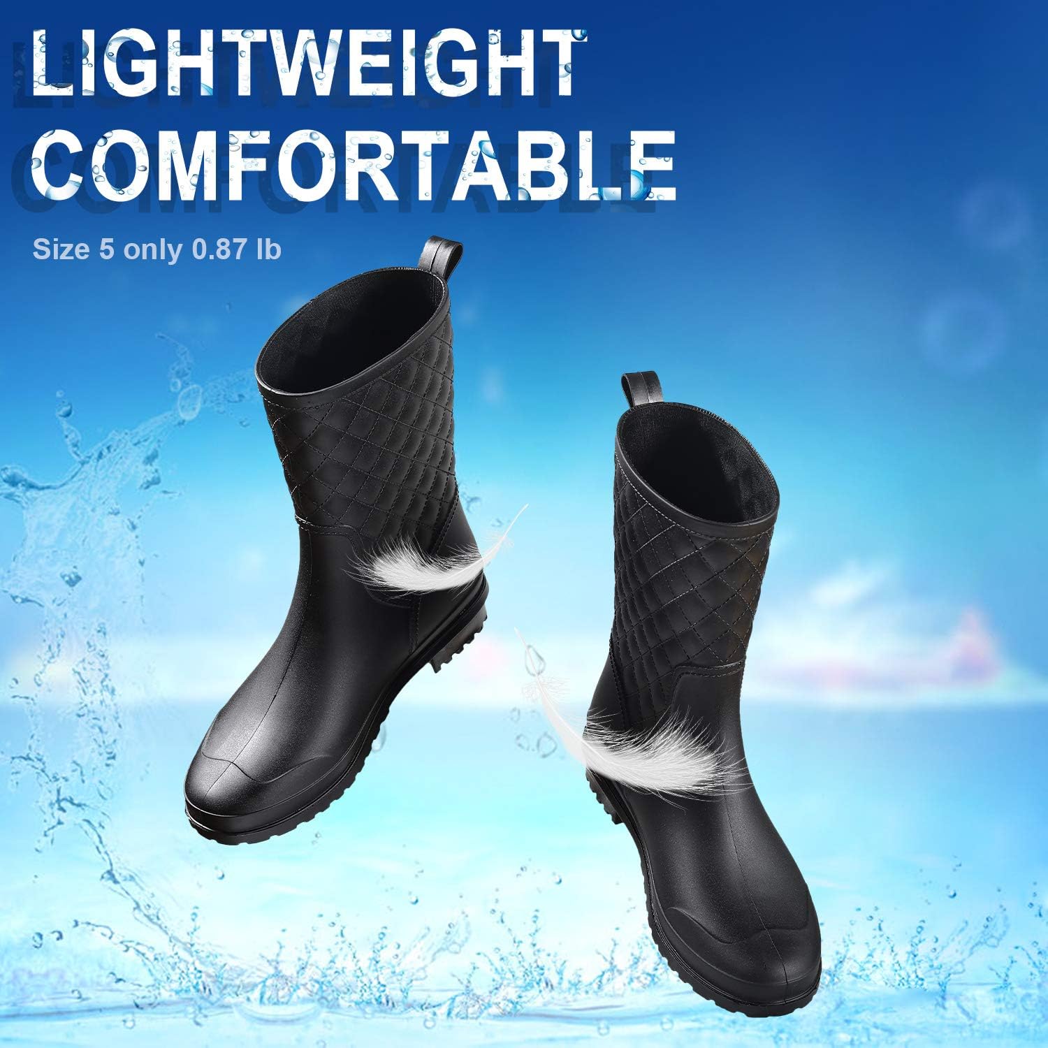  | Petrass Women Rain Boots Black Waterproof Mid Calf Lightweight Cute Booties Fashion Out Work Comfortable Garden Shoes | Rain Footwear