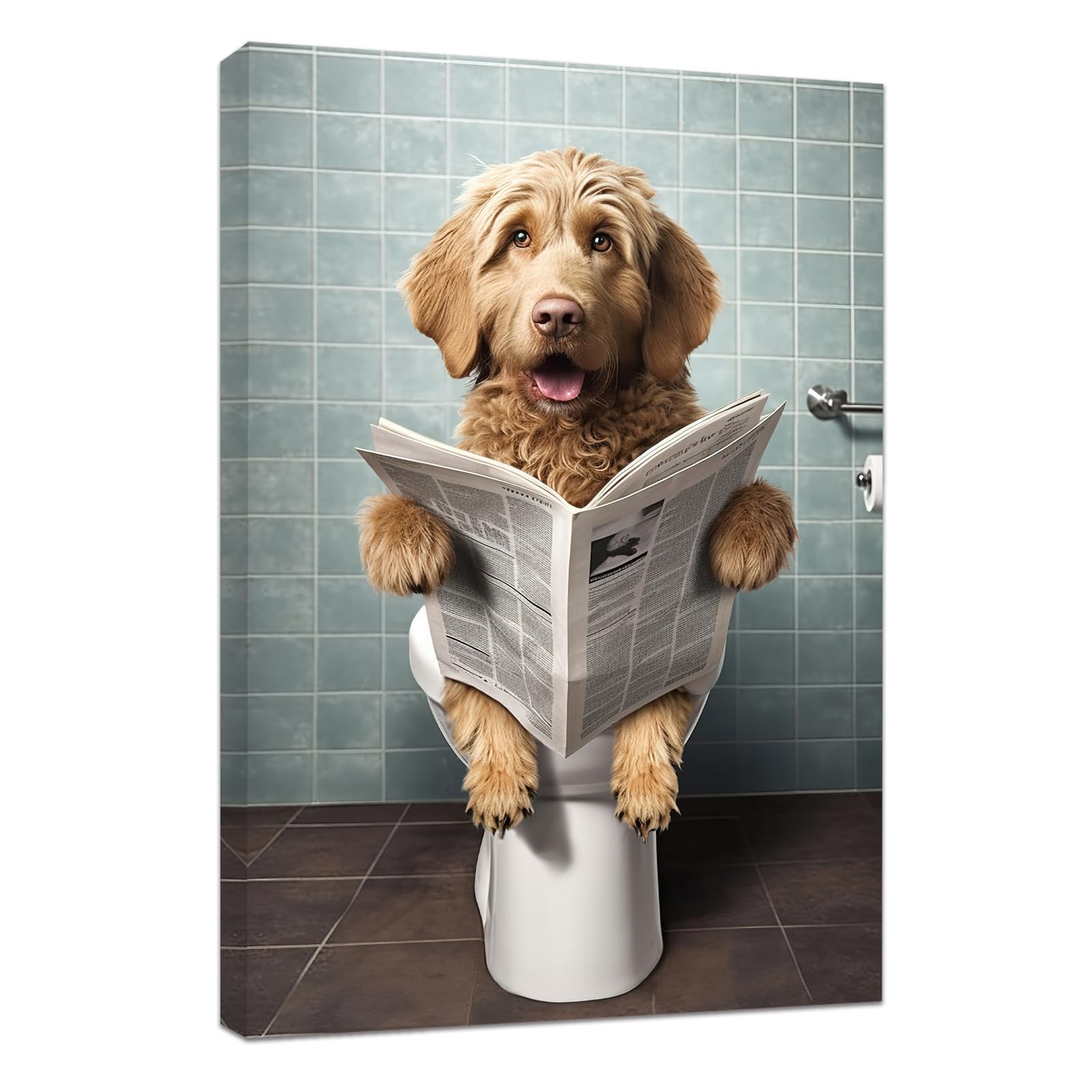 CCWACPP Funny Animal Bathroom Wall Art Dog Sitting in Toilet Reading Newspaper Painting Canvas Prints Toilet Bathroom Wall Decor Frame (12x18inch)