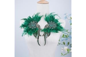 RACOSDM Handmade Beaded Rhinestone Appliques Sew on Crystal Flower Lace Patch Vivid Feather Patch, Multi-Color Pairs for DIY Clothing, Wedding Dress, and Home Decoration (Dark Green)