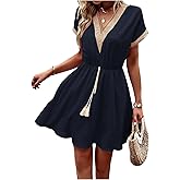 SOLY HUX Women's Lace V Neck Fringe Trim Short Dress Short Sleeve Flowy A Line Summer Casual Dresses