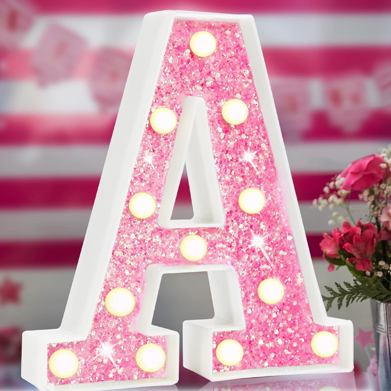 String Lights - Pink Light Up Letters, Glitter Alphabet Letter Sign Pink LED Marquee Letter Lights Battery Powered for Night Light Girls Bedroom Birthday Party Wedding Home Christmas Decorations Gift for Her-Pink A