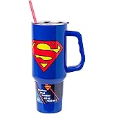 Silver Buffalo DC Comics Superman Logo Double Walled Stainless Steel Tumbler with Handle and Straw, Fits in Standard Cup Holder, 40 Ounces
