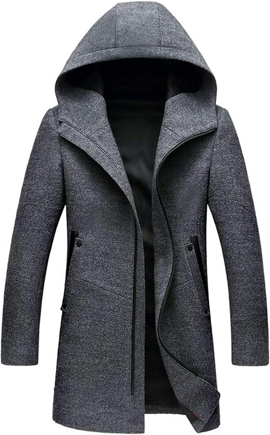 Men's Classic Trench Coat Winter Wool Hooded Jacket 1812 Grey L