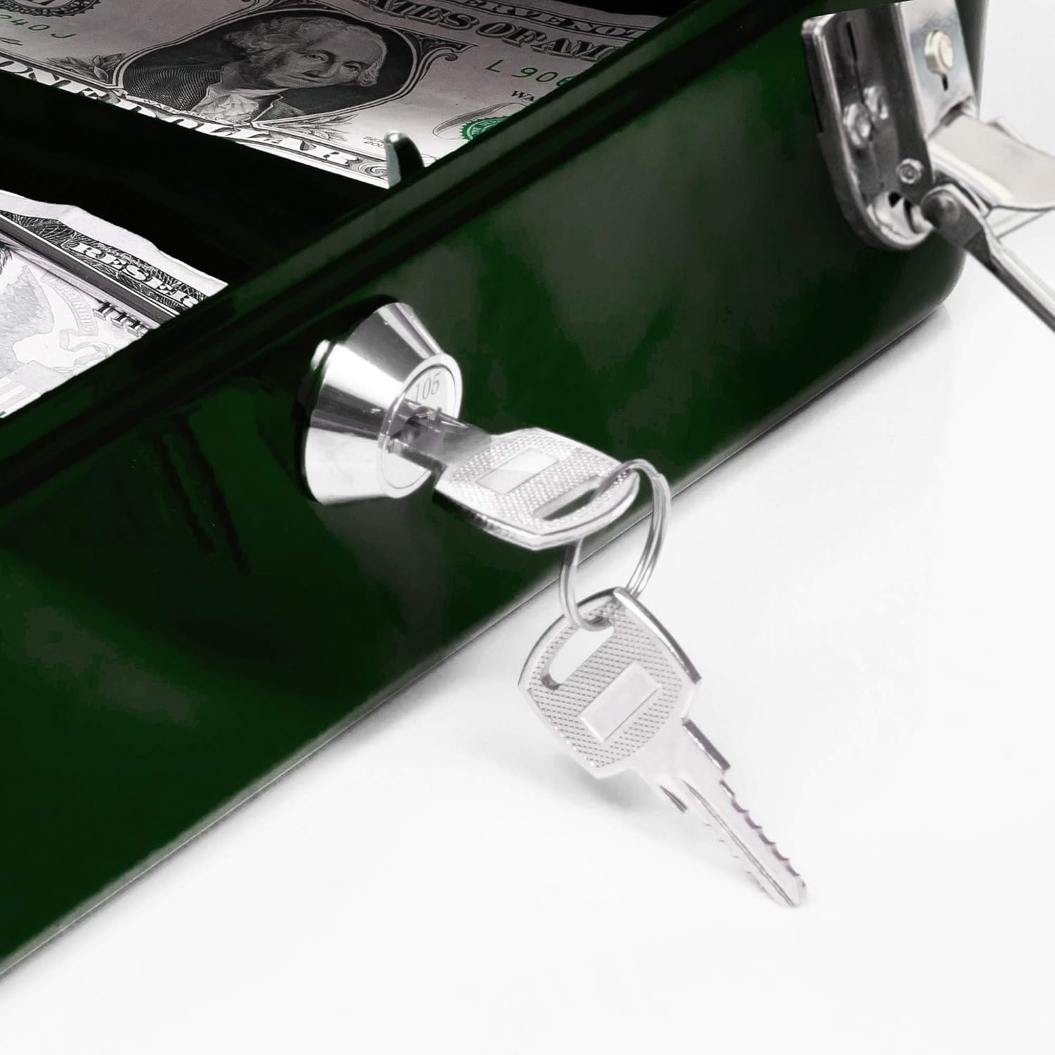 Certus Global Large Green Cash Box with Money Tray, Secure Lock, Cantilever Coin Tray 4 Bills/ 5 Coins (Green) : Office Products
