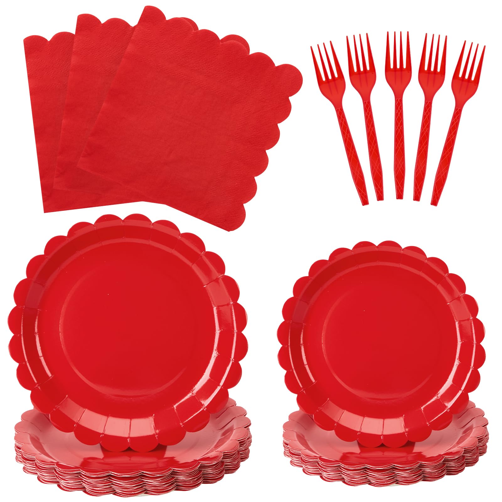 Photo 1 of 100 Pcs Red Paper Plates and Napkins, Red Party Supplies Include Christmas Plates Napkins Fork for Birthday Wedding Baby Shower