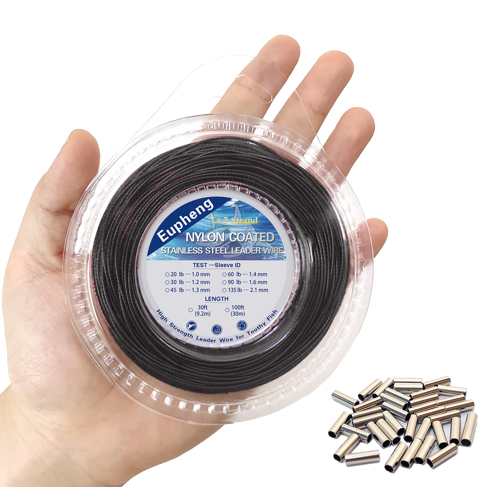 Photo 1 of Eupheng Nylon Coated 1x7 & 7x7 Stainless Steel Leader Wire, Knottable Fishing Wire Leader Line for Saltwater, 20lb - 135lb Test in Black, Red in 30ft, 100ft Lengths, with Crimps Sleeves