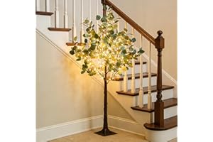 Hairui Lighted Eucalyptus Tree Plug in 4FT 160 Warm White LED Artificial Greenery Tree with Lights for Wedding Halloween Christmas Holiday Home Party Decoration