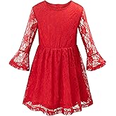 Noomelfish Toddler Bell Sleeve Lace Dress Long Sleeve Party Formal Wedding Flower Girl Dress (3-10 Years)