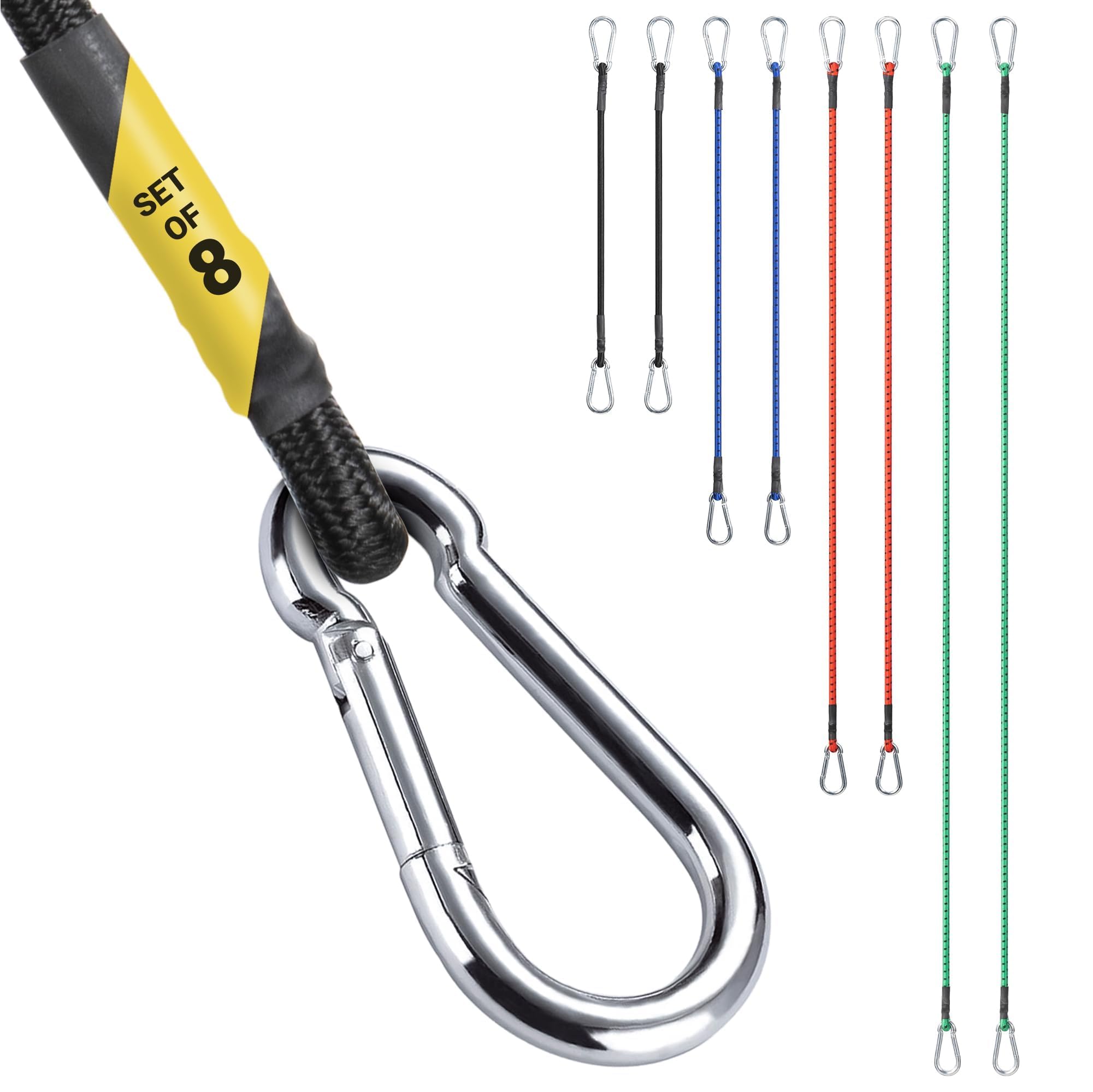 PRETEX Bungee Cords with Carabiner Clips - 4 Different Lengths & Colours - Bungee Cord Tie Down Straps - Heavy Duty Hooks Strong Coated Rubber - Bungee Cords and Fixings - 8 pcs
