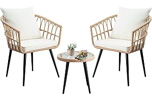 HYDRAGARDEN 3 Piece Patio Bistro Set, Outdoor Wicker Conversation Chair Sets Balcony Furniture with Coffee Table & Cushions, All-Weather Rattan Table and Chairs Set for Porch Backyard Deck Poolside
