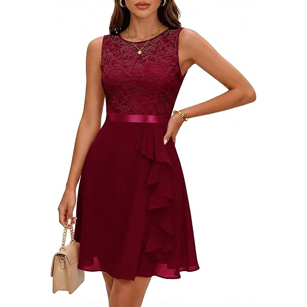 missguided burgundy dress Ever-Pretty Asymmetrical Midi Lace Formal Dress with Short Sleeve
