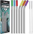Reusable Smoothie Straws and Milkshake Straws with Silicone Tips , 9mm/0.35" Stainless Steel Wide Straws, Hiware 6 Pack 10" Metal Straws for Smoothies, Milkshakes, Jumbo Drinks with 2 Cleaning Brushes