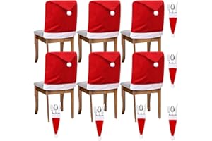 BROADREAM 6pcs Christmas Chair Covers - Santa Claus Hat Chair Slipcover Set of 6 - Xmas Chair Back Covers with 6pcs Silverware Holders Dinner Table for Christmas Holiday Festival Party Decorations