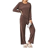 Ekouaer Lounge Sets for Women Ribbed Knit Pajama Sets 2 Piece Long Sleeve Pjs Soft Loungewear Outfits with Pockets