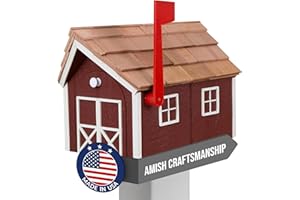 Peaceful Classics Amish Cedar Roof Wooden Mailbox with Window & Door Trim, Handcrafted Mailboxes for Outside, Post Mount Residential Mailboxes - (Red with White Trim)