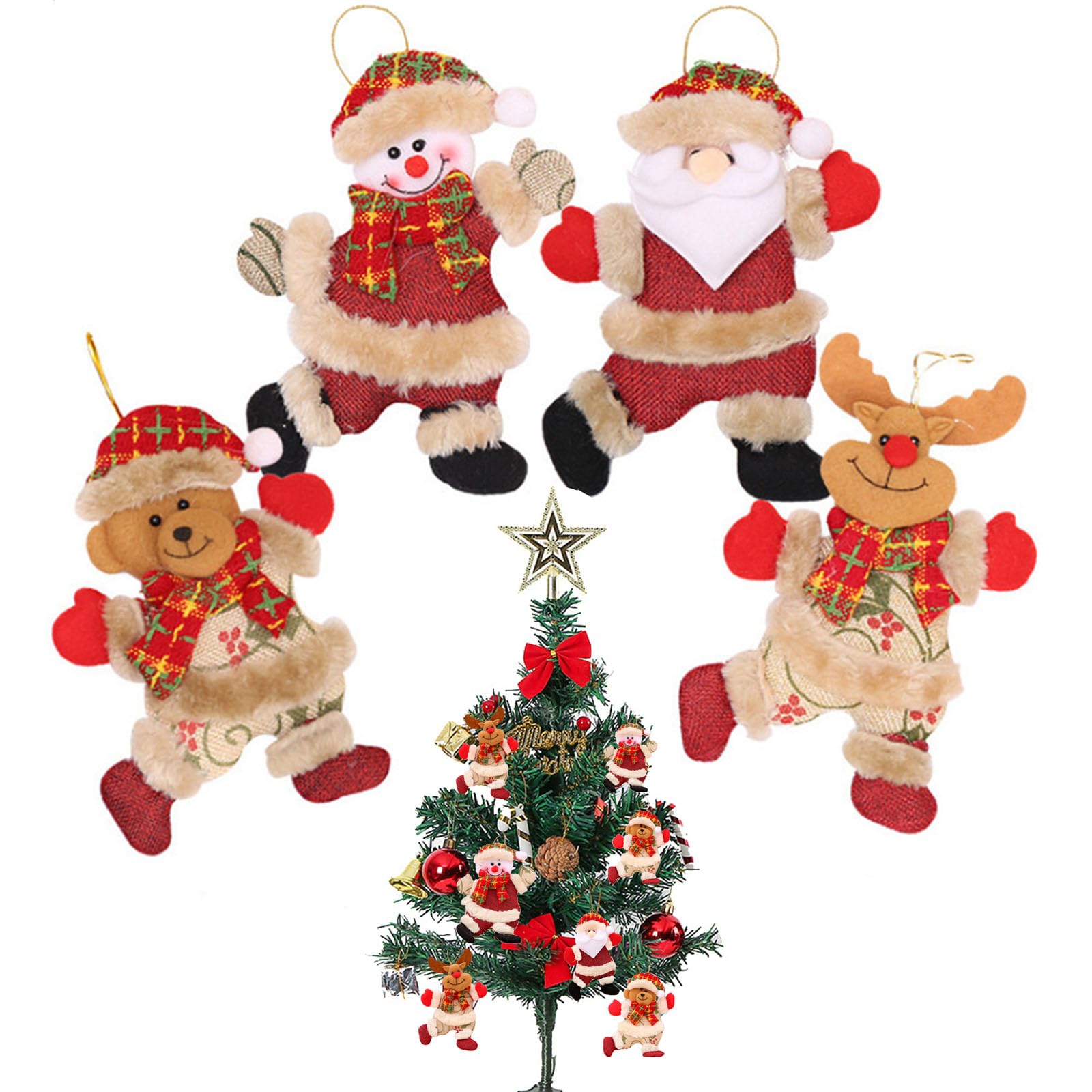 KASESSS 4 Pieces Christmas Tree Decorations, Santa Claus Reindeer Hanging Christmas Decorations, Novelty Xmas Tree decorations, Xmas Ornaments Hanging Fabric Dolls Pendant for Home Hotel Holiday Party