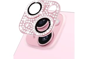 Hsefo Designed for iPhone 15 and 15 Plus Camera Lens Protector, Bling Rhinestone Sparkle Diamond 9H Tempered Glass Lens Cover Shockproof Full Protective Camera Cover,Light Pink
