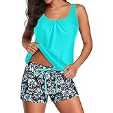 Aqua Eve Two Piece Women's Tankini Swimsuits Blouson Swim Tank Top with Shorts Modest Bathing Suits