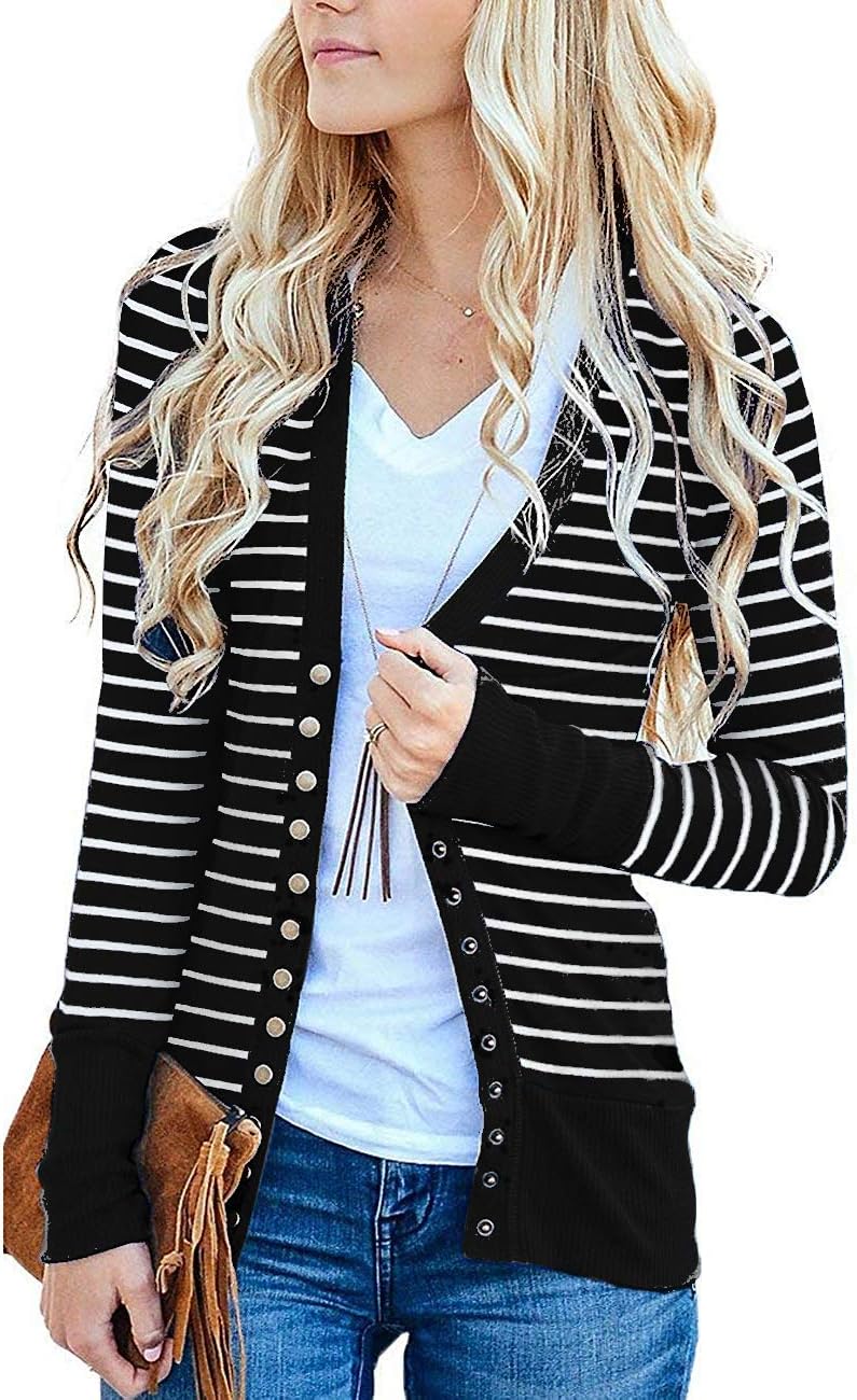 Women's V-Neck Solid Button Tops Long Sleeve Knit Casual Cardigans