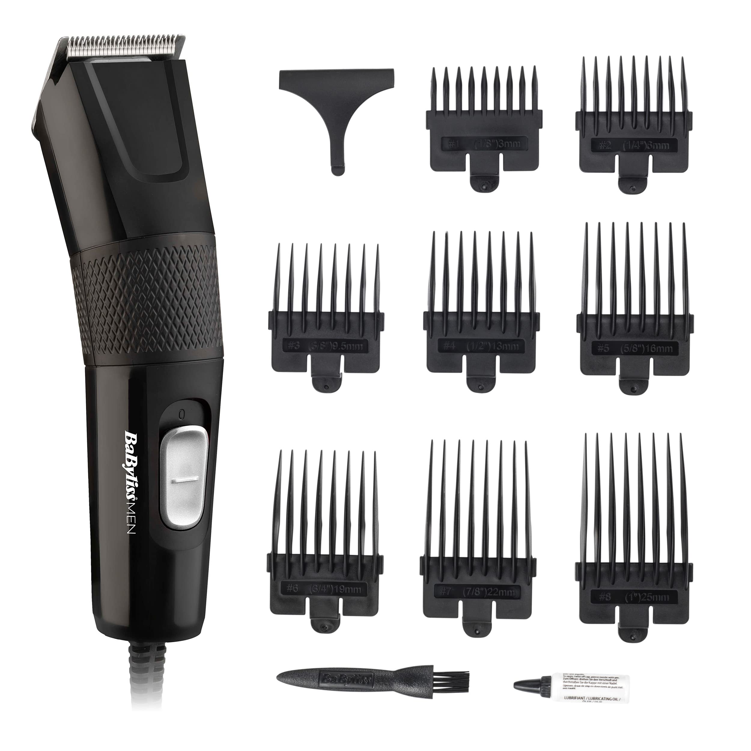 BaByliss Hair Clipper Precision Power, Corded Hair Clippers for Men, Sharp Stainless Steel Blades, 8 cutter guides 1-8, Grooming Set, Black, 7755U