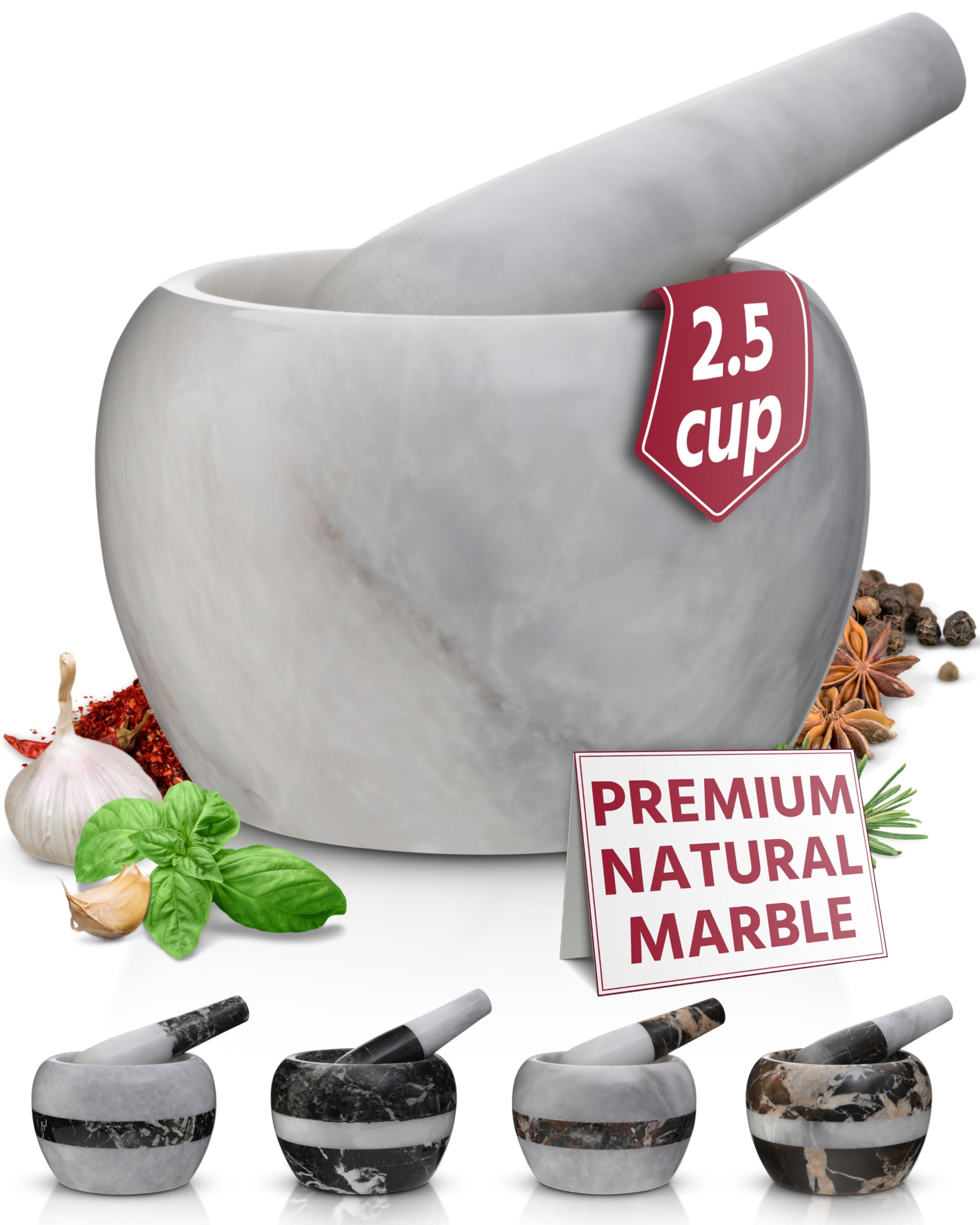 Photo 1 of (bowl only) Gusto Nostro Natural Marble Mortar and Pestle Set | 5 Inch - 2.5 Cup Large Mortar Pestle Set for Grinding Herbs, Nuts
