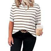 Eytino Women Plus Size Sweater Tops Short Sleeve Crewneck Striped Tshirts Casual Summer Blouses Shirts(1X-5X)