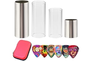 THIVENNY Guitar Slide, Set of 2 Glass Guitar Slide, 1 Steel Guitar Slide, 1 Guitar Slide Ring, with 6 Pieces Artistic Guitar Picks in Red EVA Box
