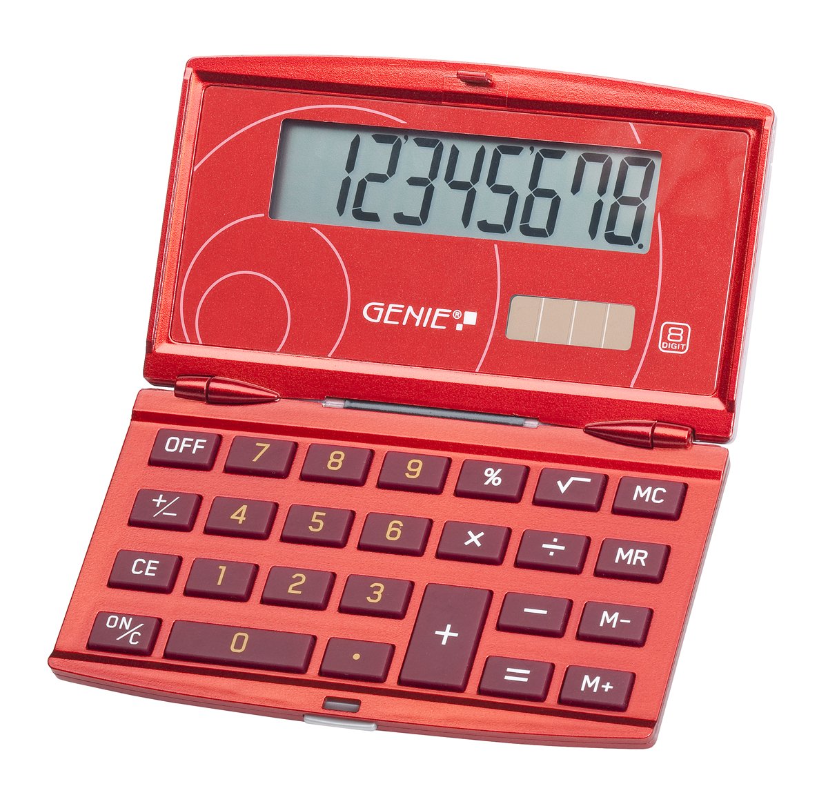 Genie 200 Calculator Foldable Sleek Design 8-Digit Display Red
