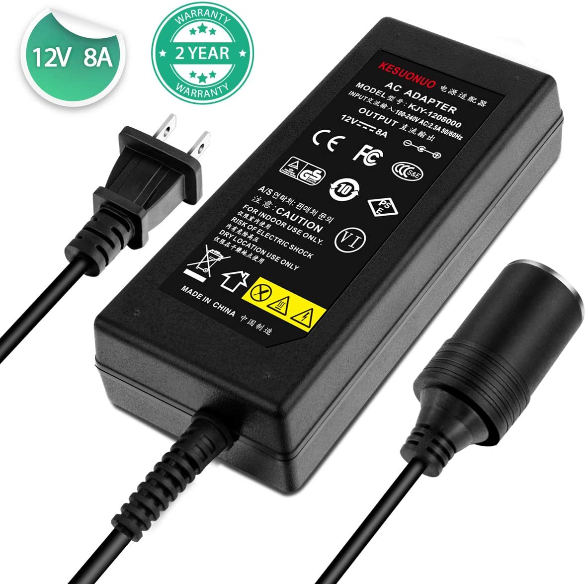 KESUONUO AC to DC Converter 110V ~ 240V to 12V 8A 96W Power Supply Adapter Car Cigarette Lighter Socket AC/DC Transformer for Car Vacuum Cleaner, Air Compressor and Other 12V Devices Under 96W