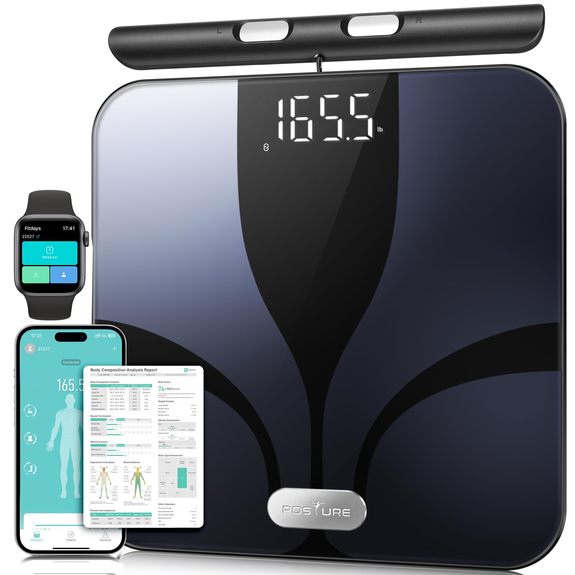 Photo 1 of Posture Scale for Body Weight and Fat Percentage, 8 Electrodes Larger Platform Digital Scale for BMI 28 Body Composition Measurement, Bathroom Smart Scales with LED Display FSA or HSA Eligible
