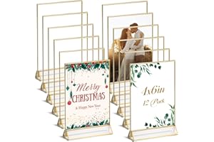UNIQOOO Acrylic Sign Holders with Golden Border, Portrait View, Pack of 12 | 4x6 Inches Double Sided Clear Frame, Perfect for Wedding reception, Centerpiece, Decoration, Party,Anniversary, Event