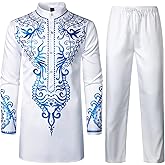 ZEROYAA Men's Africa Suit Long Sleeve Print Dashiki and Pants Outfit Traditional 2 Piece Set