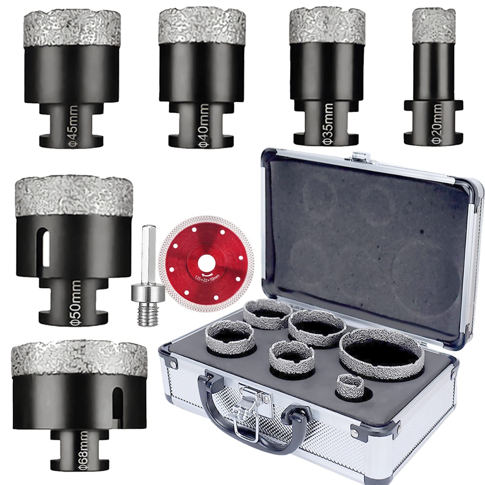 Aisny Diamond Drill Bit Set, 8 Pcs with Box, 20/35/40/45/50/68 Mm & 1 Blade, 1 Accessory, M14, Dry & Wet Cutting, Marble, Granite, Stone, Porcelain, Ceramic