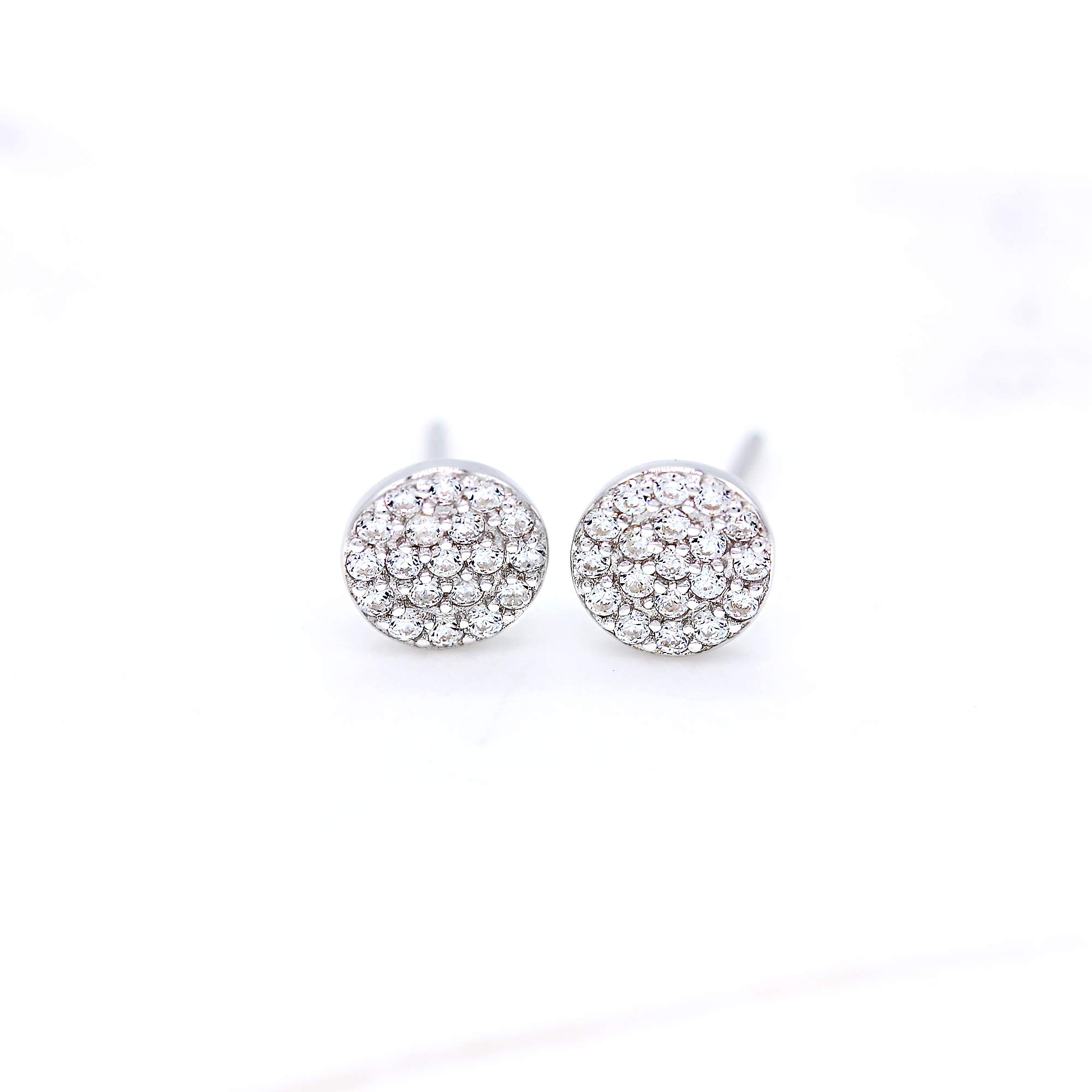 Rhodium Plated Sterling Silver Cubic Zirconia Mini Circle Pave Disc Stud Earrings 6mm Diameter