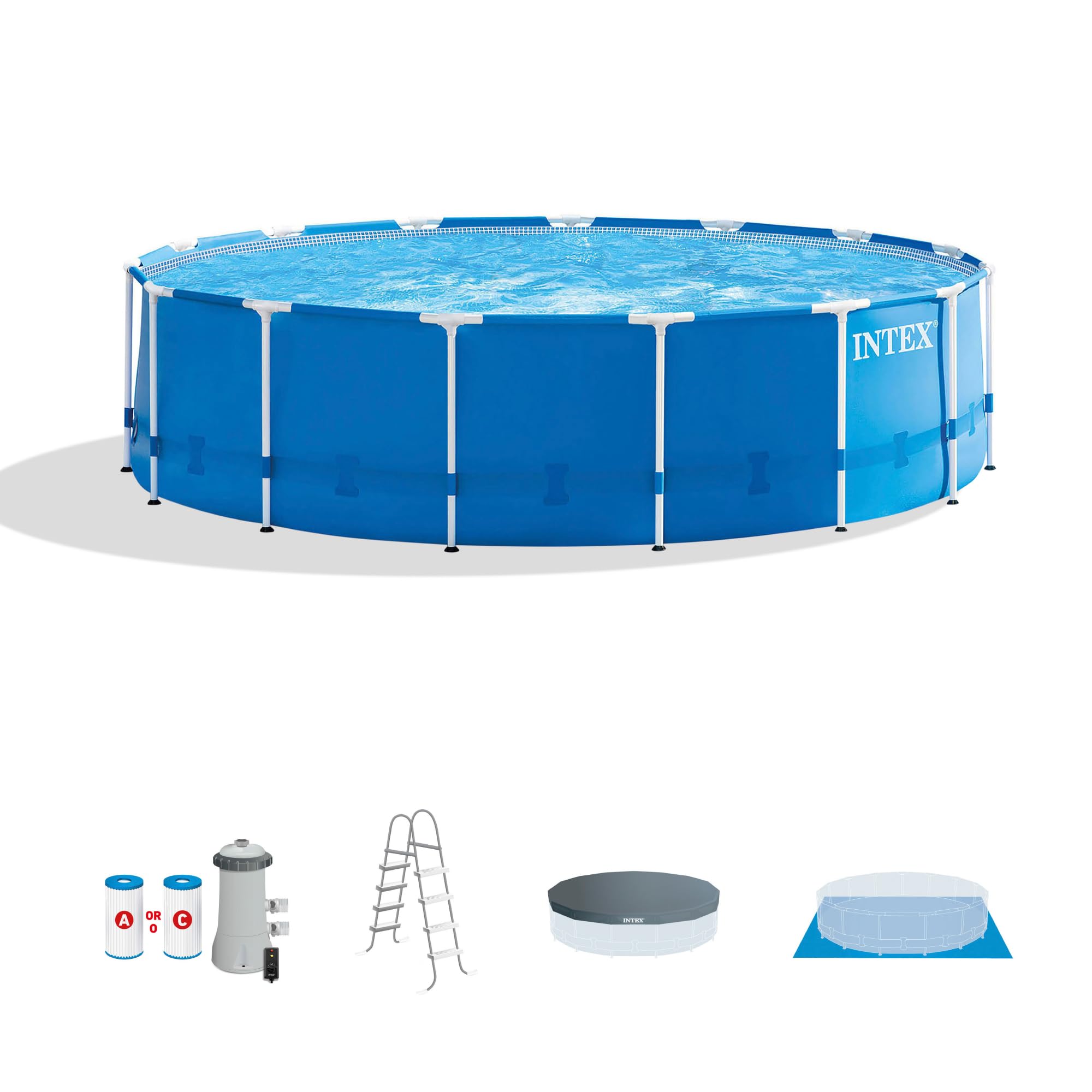 Photo 1 of Intex 28241EH Metal Frame Above Ground Swimming Pool Set: 15ft x 48in – Includes 1000 GPH Cartridge Filter Pump – Removable Ladder – Pool Cover – Ground Cloth