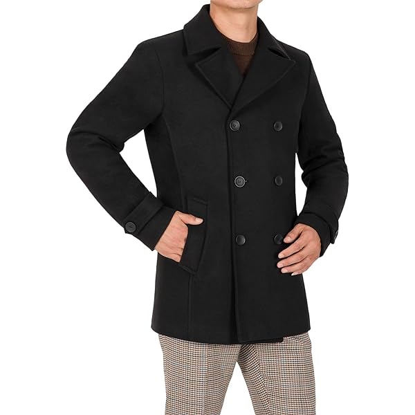 Hacikis Mens Peacoat Jacket Notched Collar Slim Fit Woolen Coat