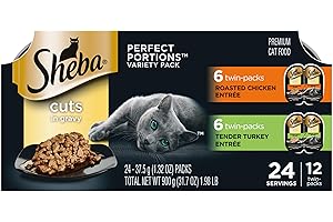 Sheba Perfect Portions Wet Cat Food Cuts in Gravy Variety Pack, Roasted Chicken Entree and Tender Turkey Entree, 2.6 oz. Twin-Pack Trays (12 Count, 24 Servings)