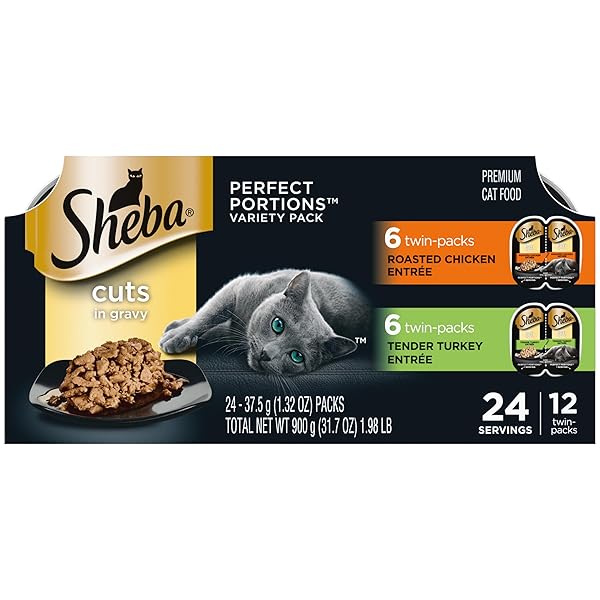 SHEBA PERFECT PORTIONS WET CAT FOOD CUTS IN GRAVY VARIETY PACK, ROASTED CHICKEN ENTREE, AND TENDER TURKEY ENTREE, 2.6 OZ. TWIN-PACK TRAYS, (12 COUNT, 24 SERVINGS)