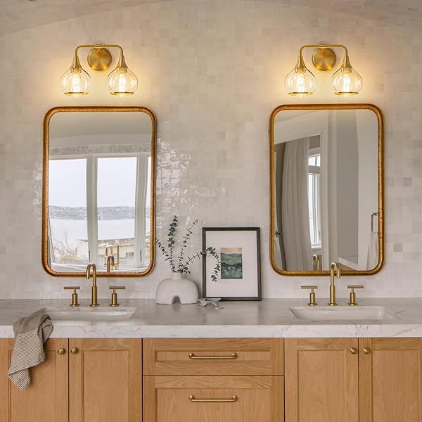 HAHZT GOLD BATHROOM LIGHT FIXTURES 2-LIGHTS VANITY LIGHTS WITH CLEAR GLASS SHADE BATHROOM VANITY LIGHT 14 INCH WALL SCONCES(EXCLUDE E26 BULB)…