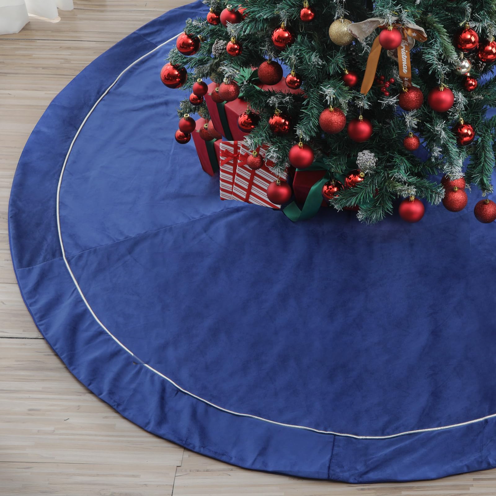Photo 1 of 84 Inch Blue Tree Skirt for 7.5-15 Ft Tree Christmas Blue Velvet Fur Plush Luxury Tree Skirt Large for Merry Christmas Trees Decorations Vintage Xmas Holiday Party Winter Home Decoration
