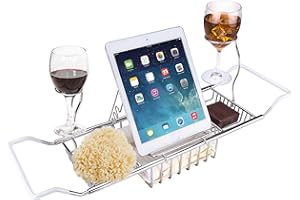 iPEGTOP Stainless Steel Bathtub Caddy Tray - Over Bath Tub Racks Shower Organizer with Extending Sides, Removable Wine Glass Book Holder