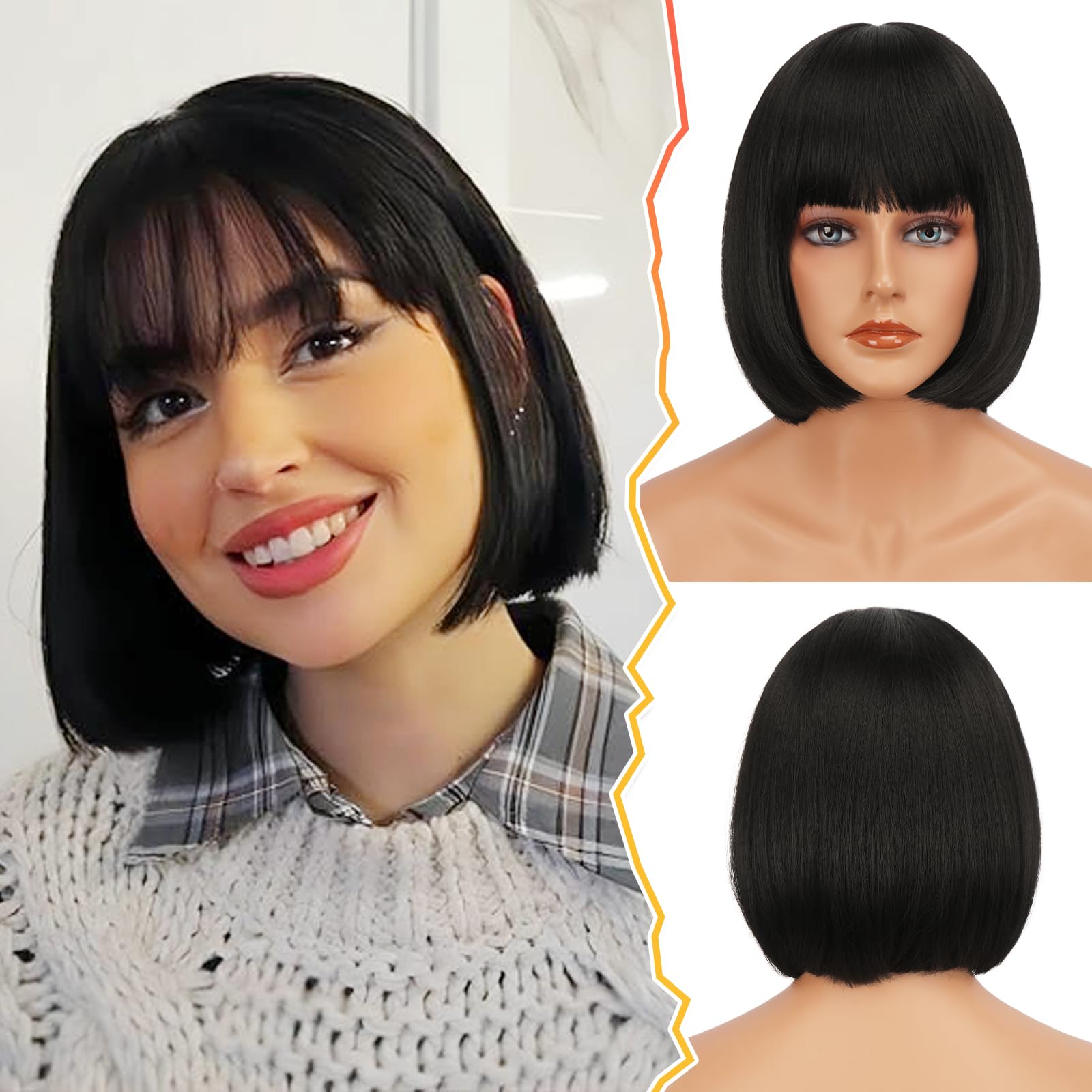 BARSDAR Black Short Bob Wig with Bangs - 12 Inch Straight Wig, Natural Look, Soft Synthetic for Women, Girls, Daily Cosplay, Halloween