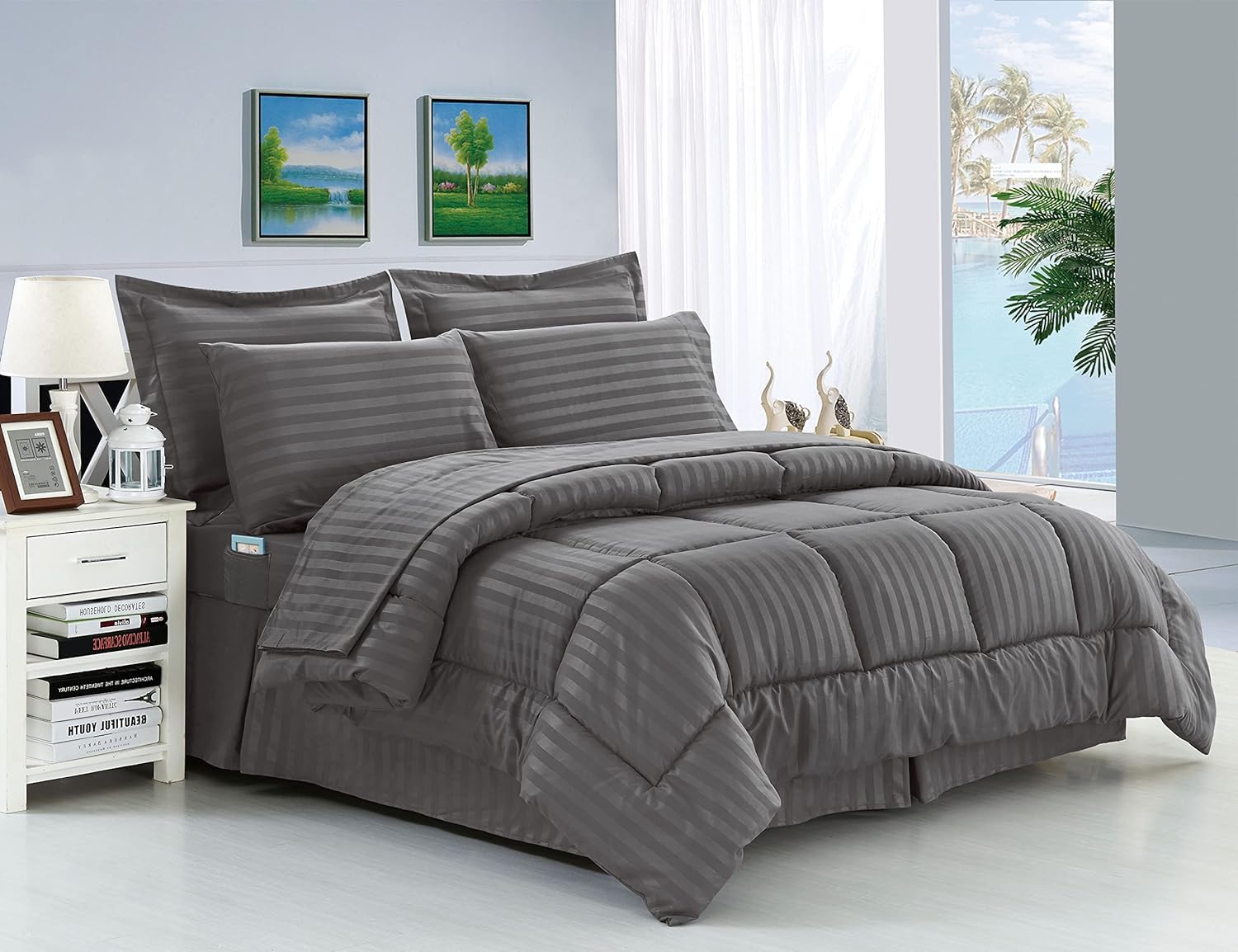 Elegant Comfort Wrinkle Resistant - Silky Soft Dobby Stripe Bed-in-a-Bag 8-Piece Comforter Set - Full/Queen, Gray Image