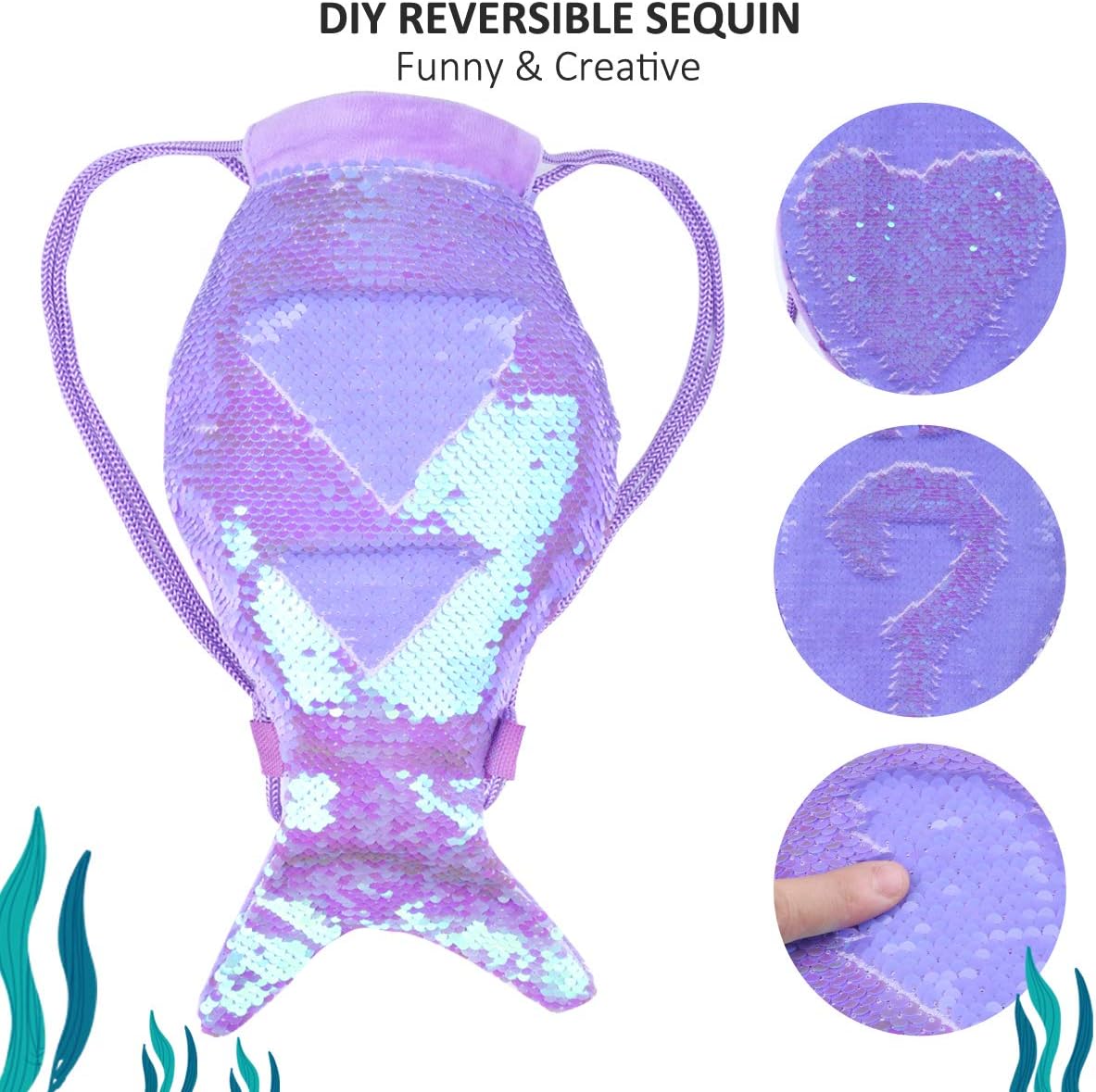  | AMZNOVA Mermaid Tail Backpack for Girls, Reversible Sequin Mermaid Drawstring Backpack Bag for School Gym Dance Hiking Beach, Small, Violet | Backpacks